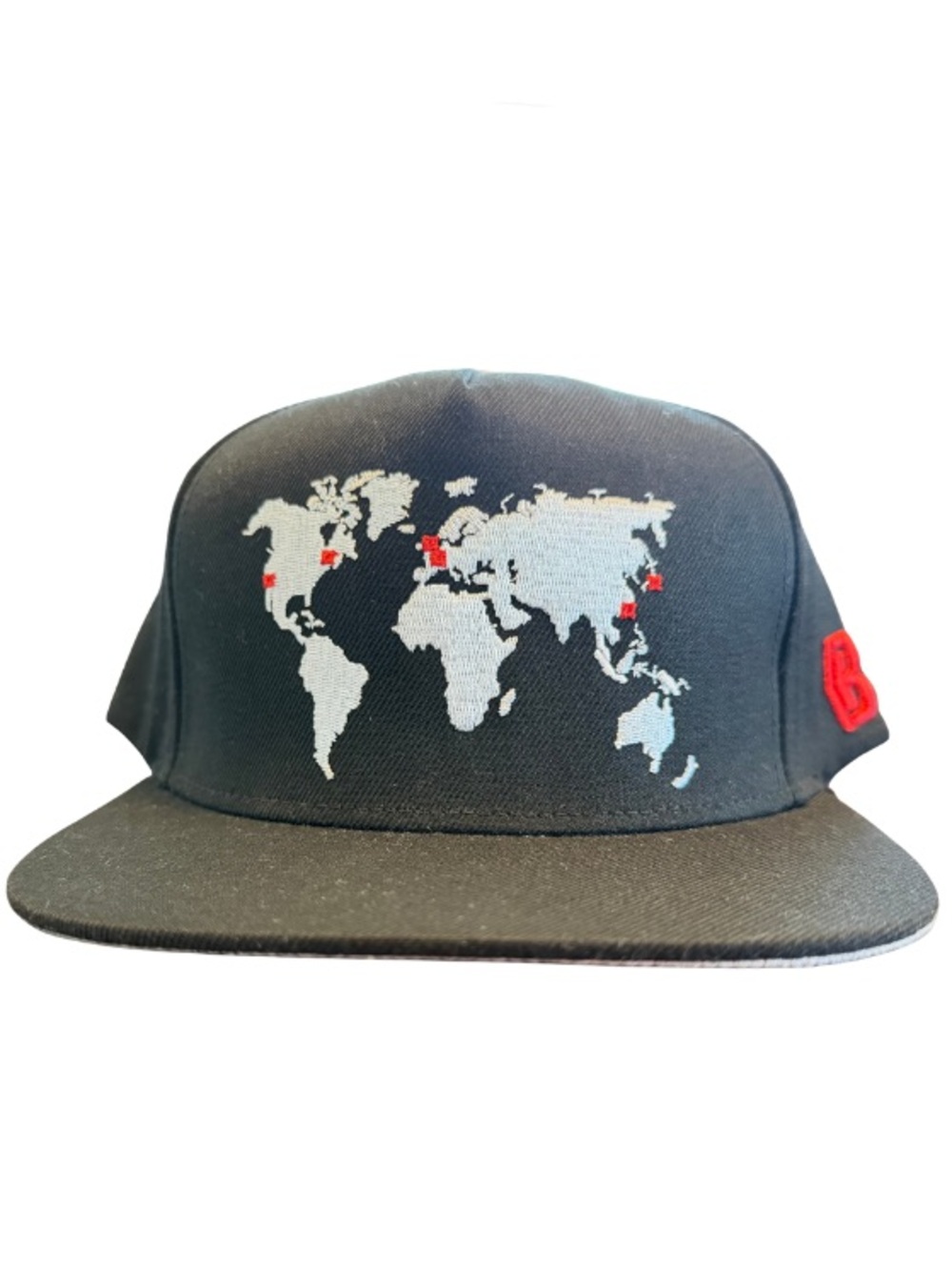 Black World Map Snapback Hat with Red Accent Details